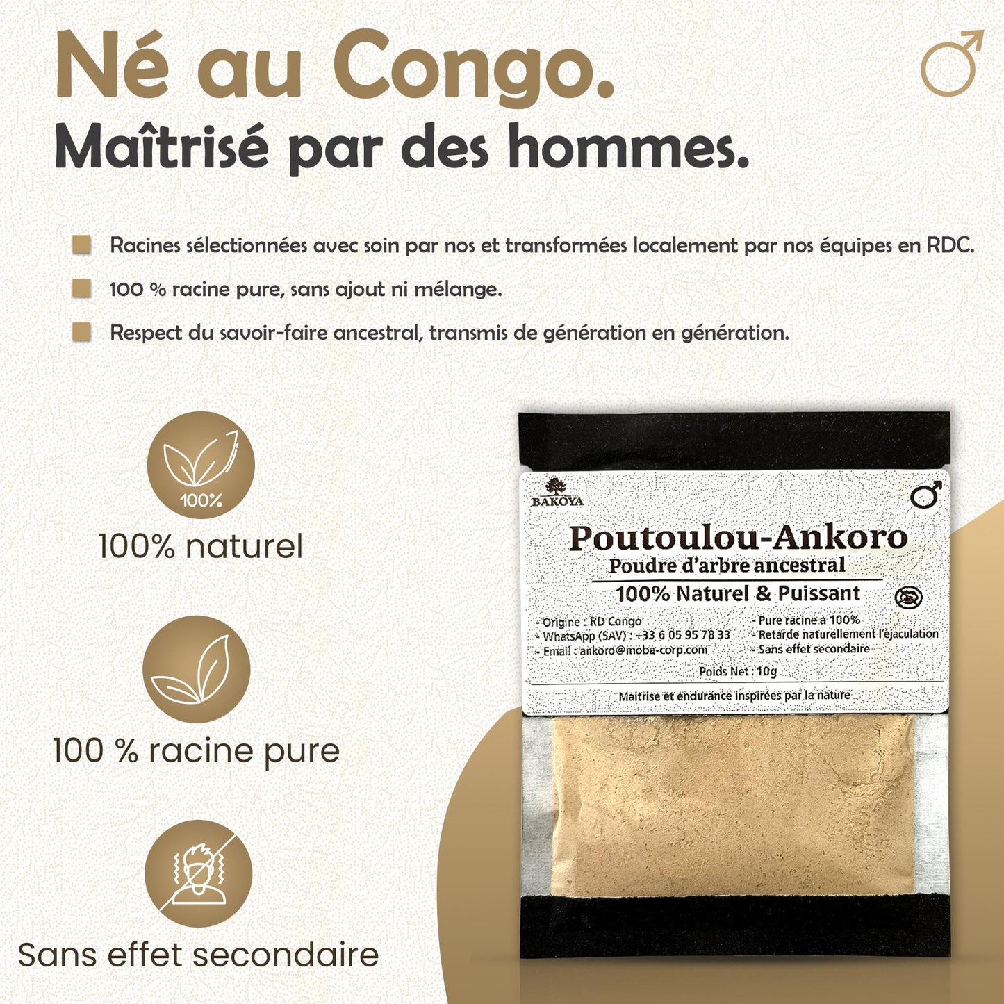Poutoulou-Ankoro powder, 100% natural aphrodisiac from Congo, preservative-free and ancestral roots.