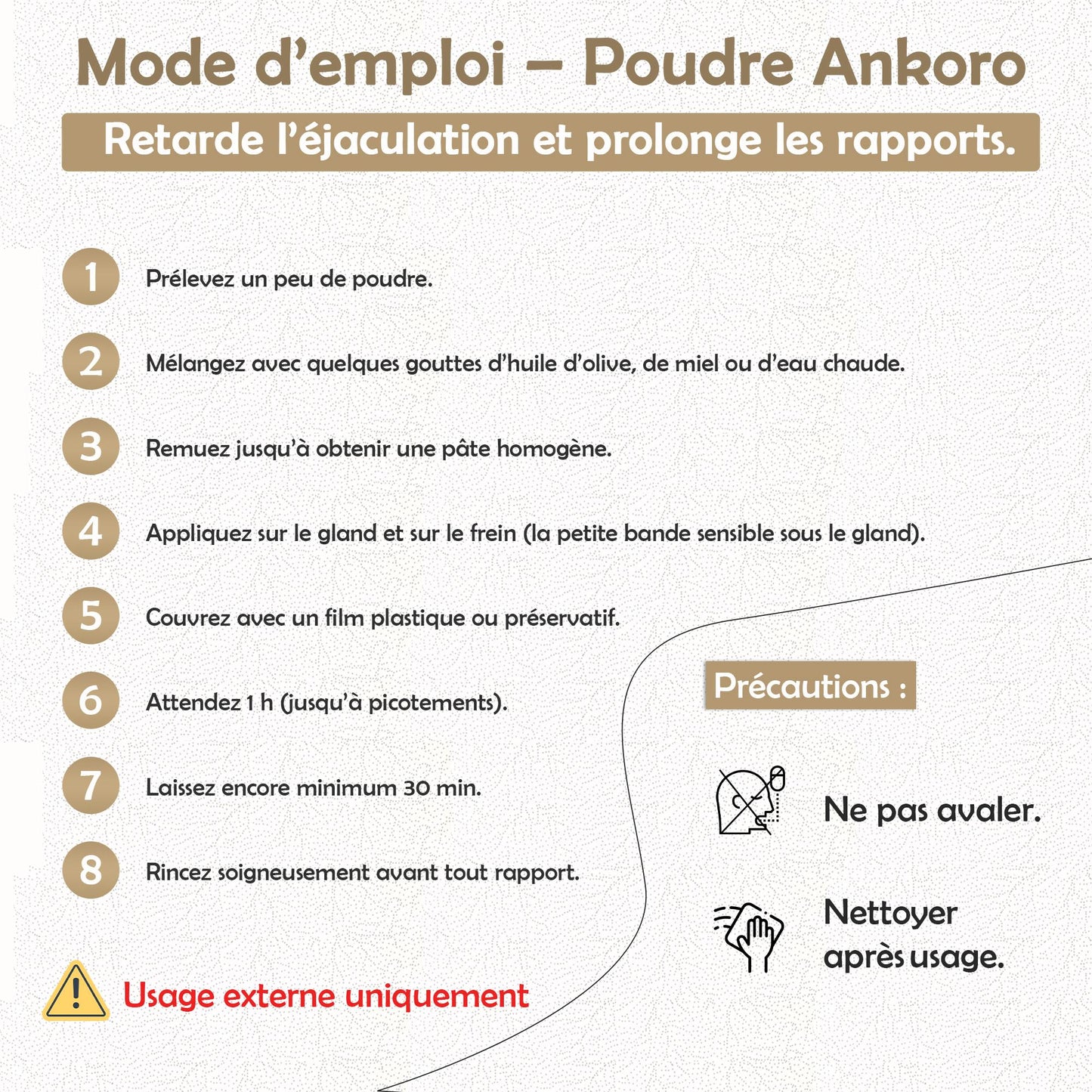 Instructions for using Ankoro powder to delay ejaculation and enhance intimate experiences.