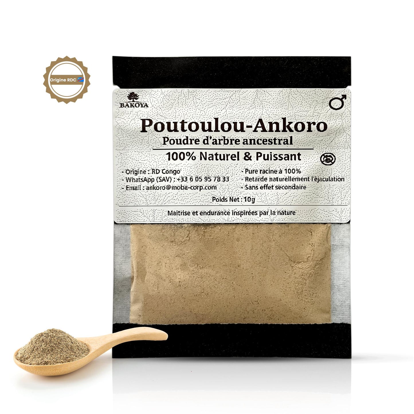 Poutoulou-Ankoro powder packaging, 100% natural aphrodisiac from Congo for enhancing intimacy.